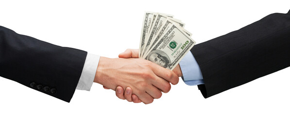 Close-up of business men hands holding money isolated on white background