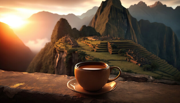 Cup of coffee on background of Machu Picchu, Peru. Copy space. Based on Generative AI