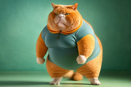 a very fat cat in sports tight clothes, concept of Obesity and Sports Fashion, created with Generative AI technology