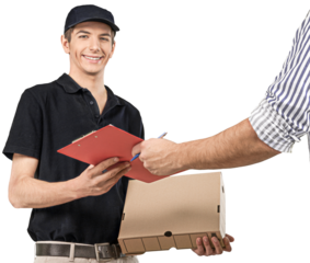 Smiling Deliveryman Holding a Package while Passing a Clipboard to a Person