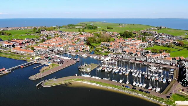 Aerial drone view of picturesque village of Marken, near Volendam, North Holland, the Netherlands