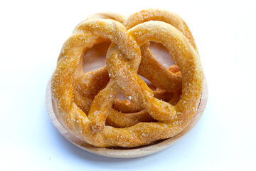 Soft pretzels on a white background.