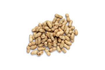 Raw peanuts on white background.