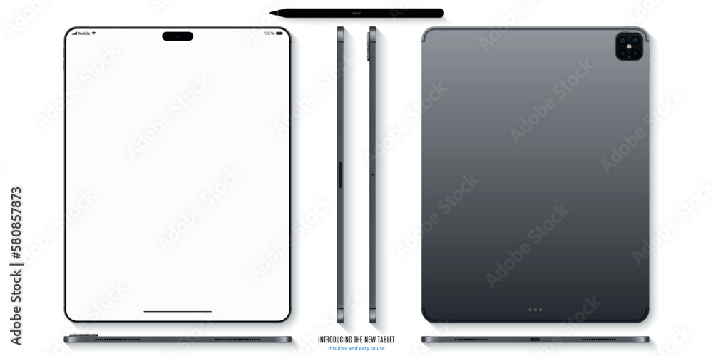 Poster new frameless tablet gray color with blank screen and stylus top view isolated on white background. 