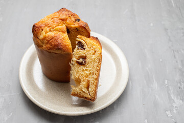Delicious Panettone slice with candied fruits on dish