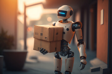 Humanoid robot delivers boxes and parcels, Generative AI - 580857834