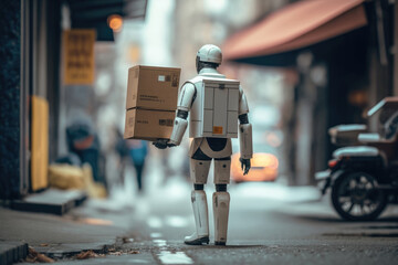 Humanoid delivery robot holding parcels, Generative AI