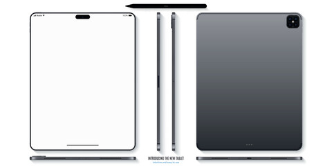 new frameless tablet gray color with blank screen and stylus top view isolated on white background. flat lay mockup of realistic device with shadow front, back and side view. vector illustration