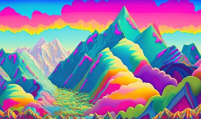 a painting of a mountain range with a colorful sky and clouds.  generative ai