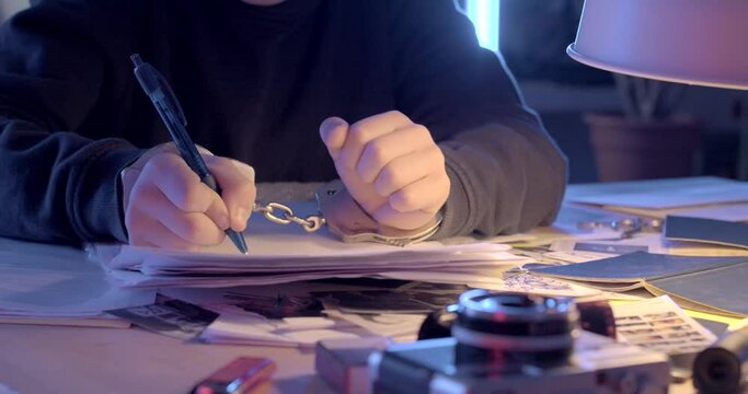 The handcuff shakes hands. Teenager's hand writes text on paper handcuffed hand. Detention and signing of documents in conditions of detention.