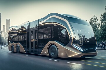 Green and Clean Energy Bus Concep in the City, Public Transport of the Future, Autopilot Bus. AI Generated.