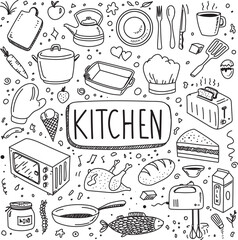 Set of kitchen devices and food, hand drawn vector doodles
