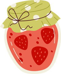 Strawberry jam with berries in glass jar flat illustration