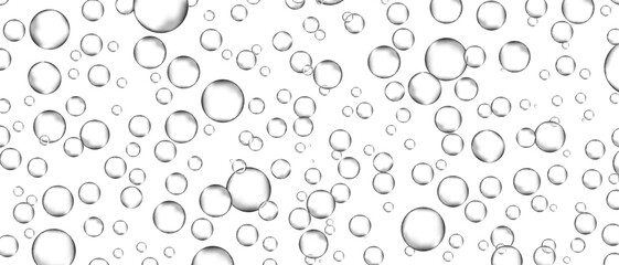 Water bubbles set isolated on white background. Air water bubbles for soda effect, transparent backdrop, icon design, champagne bubbles, texture and wallpaper. Water drops pattern, vector illustration