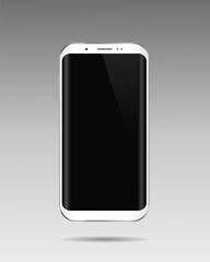 Realistic white smartphone with black screen on grey background. Vector illustration.