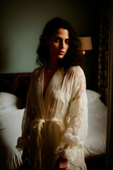portrait of a woman in the bedroom, Intimate Portrait: Middle-Aged Woman in a Hotel Room with a Bathrobe, image created with ia