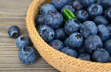 Freshly picked organic blueberries and in a basket on old wooden table.Fresh organic blueberry.Bilberries.
Healthy eating,vegan food or diet concept.Summer berries.Selective focus.