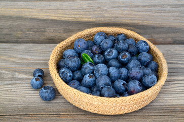 Freshly picked organic blueberries and in a basket on old wooden table.Fresh organic blueberry.Bilberries.
Healthy eating,vegan food or diet concept.Summer berries.Selective focus.