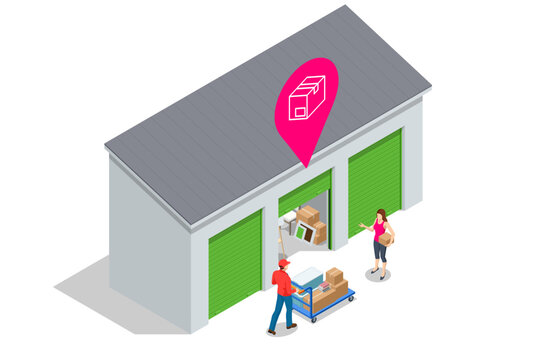 Isometric exterior of a modern storage room for a warehouse of home appliances, lamps, armchairs, boxes, bicycles and other things. Warehouse of household items and interior elements.