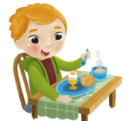 cartoon scene with boy little kid eating healthy breakfast illustration for children