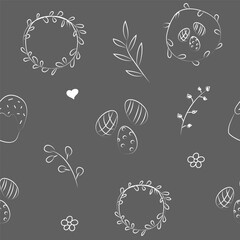 Vector illustration. Cute hand drawn monochrome seamless pattern. Festive background with Easter linear symbols. Design of postcards, banners, textiles, wallpapers and other promotional products.