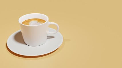 Coffee cappuccino with heart shape and white cup on cream colored background. Coffee on table minimal banner, top view