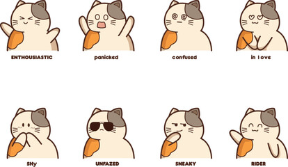 Bundle - Set of tricolor cat cartoon style - facial expressions and emotions - vector illustration in a cute - kawaii style