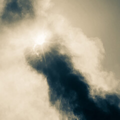 the sun in the sky through a column of smoke from a large fire among forests and dead wood