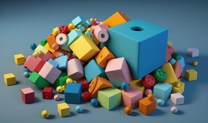  a pile of colorful blocks and toys on a blue background.  generative ai