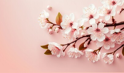 Fototapeta na wymiar a branch of a cherry blossom with white flowers on a pink background. generative ai