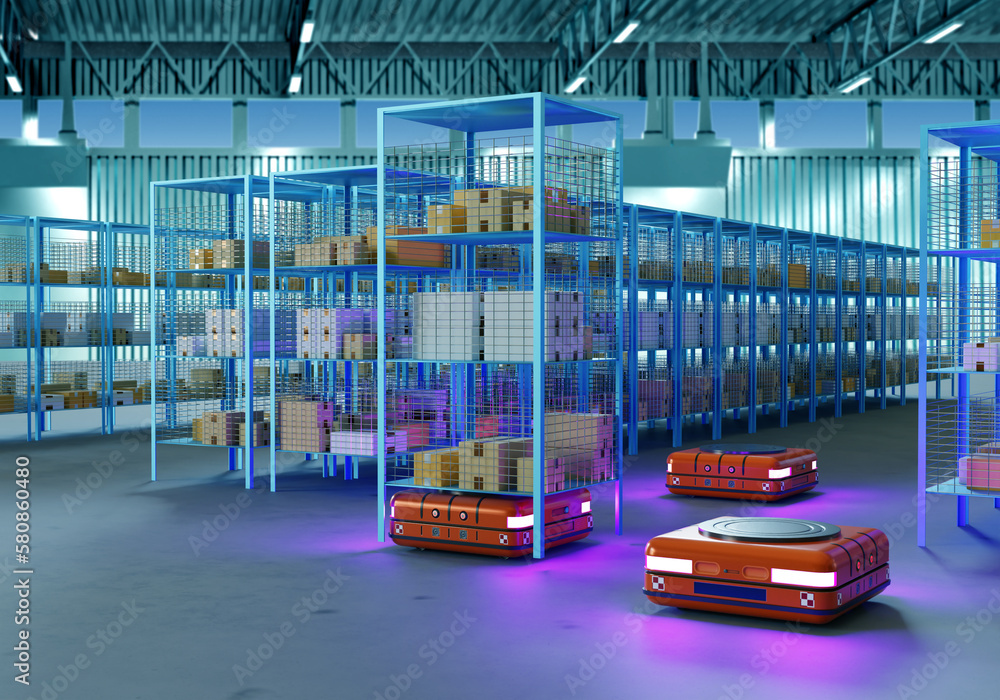 Poster automated warehouse. robots in warehouse building. shelves with boxes move on cart robots. hangar wi
