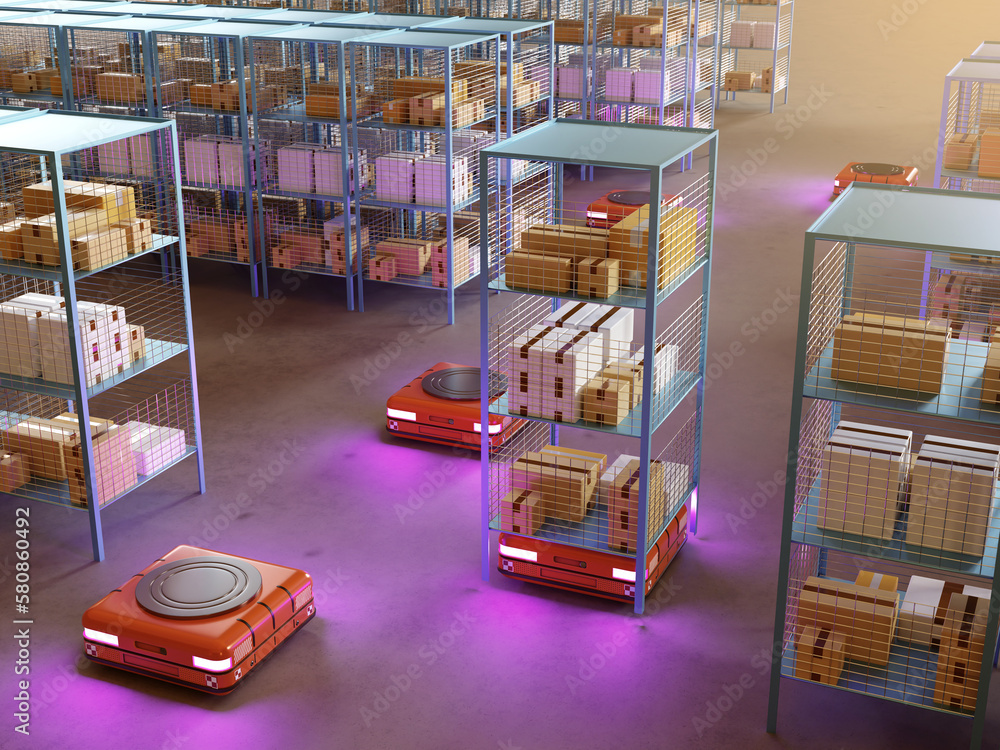 Poster industrial robots. storage factory with autonomous machines. amr and agv technology. automation of i