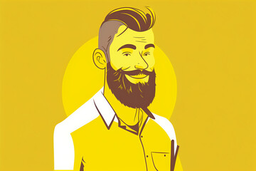 Flat vector illustration Photo of young attractive bearded student with V-shaped toothy smile, popular blogger isolated on yellow background 