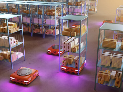 Industrial robots. Storage factory with autonomous machines. Amr and agv technology. Automation of industrial business. Amr moves racks. Agv cart in industrial room. Plant, manufacture. 3d image