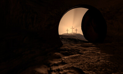 Christian croses on hill outdoors at sunrise. Calvary crucifixion. 3D illustration. Dramatic light.
