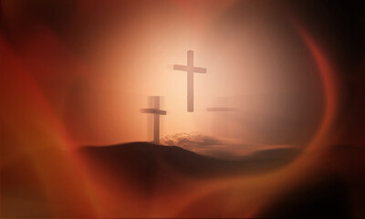 Christian croses on hill outdoors at sunrise. Calvary crucifixion. 3D illustration. Dramatic light. - 580860629