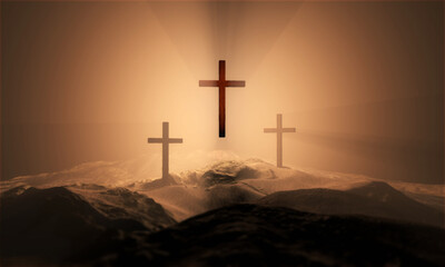 Christian croses on hill outdoors at sunrise. Calvary crucifixion. 3D illustration. Dramatic light. - 580860667