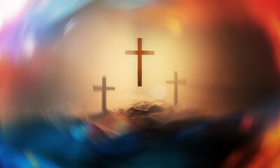 Christian croses on hill outdoors at sunrise. Calvary crucifixion. 3D illustration. Dramatic light. - 580860684