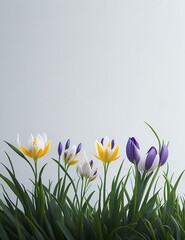 crocuses in the garden, tulip flowers on a white background, white and purple flowers on a white background