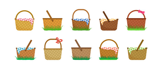 Easter picnic basket, simple wooden bag in grass, straw hamper with bow isolated on white background. Cartoon illustration