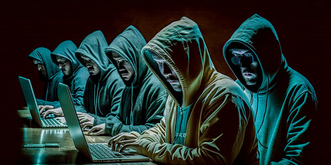 Hackers in a dark room with hoods, busy hacking - Generative AI