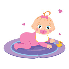 Vector illustration of a cute and beautiful baby girl. Cartoon scene of a baby girl crawling on a rug with a pacifier wearing a pink costume with a bib and a toy duck and hearts isolated on white.