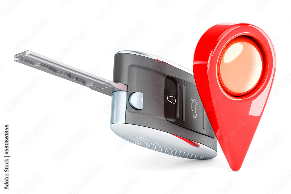 Poster car key with map pointer, 3d rendering