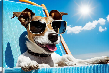 Portret cute dog in sunglasses on the beach in sun summer day