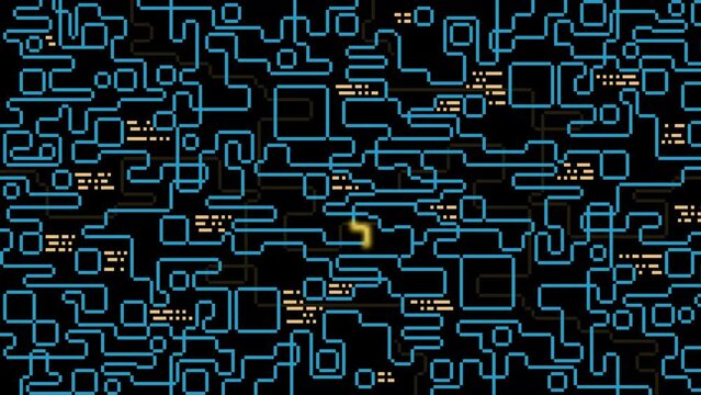 Maze, labyrinth. Laser ray path background with dynamic glowing neon line. Animation of the graphic snake video game. Pixel game, pixel art 8 bit background. 