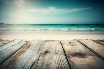 Fototapeta premium Empty Wooden Planks With Blur Beach And Sea On background, generative ai