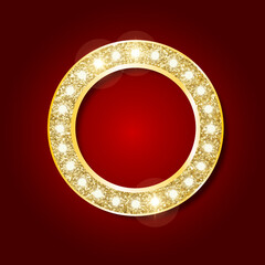 sign frame with golden shiny ornament, circle with glowing bulbs