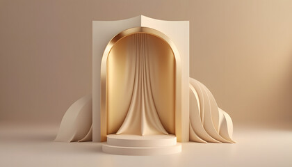 3d render of a podium, beige, display mockup, silk, arch, golden arch frame beauty, product, cosmetic presentation, pedestal, feminine, courtains
