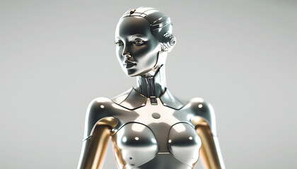 3d render of a robot woman in white background, shiny robot, robot woman figure