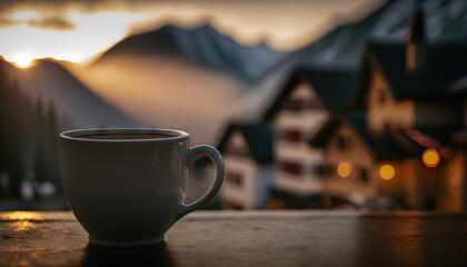 Obraz premium Cup of coffee on background of Alps. Copy space. Based on Generative AI